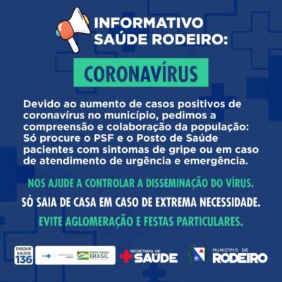 Informativo Saúde Rodeiro: população deve redobrar os cuidados de prevenção contra o novo coronavírus