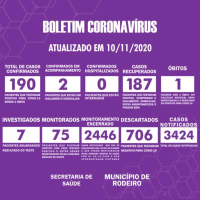 Boletim Epidemiológico do Município de Rodeiro sobre coronavírus, atualizado em 10/11/2020