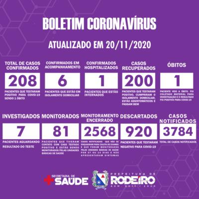 Boletim Epidemiológico do Município de Rodeiro sobre coronavírus, atualizado em 20/11/2020