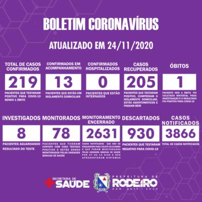 Boletim Epidemiológico do Município de Rodeiro sobre coronavírus, atualizado em 24/11/2020