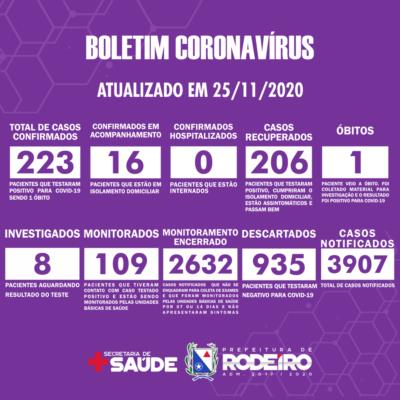 Boletim Epidemiológico do Município de Rodeiro sobre coronavírus, atualizado em 25/11/2020